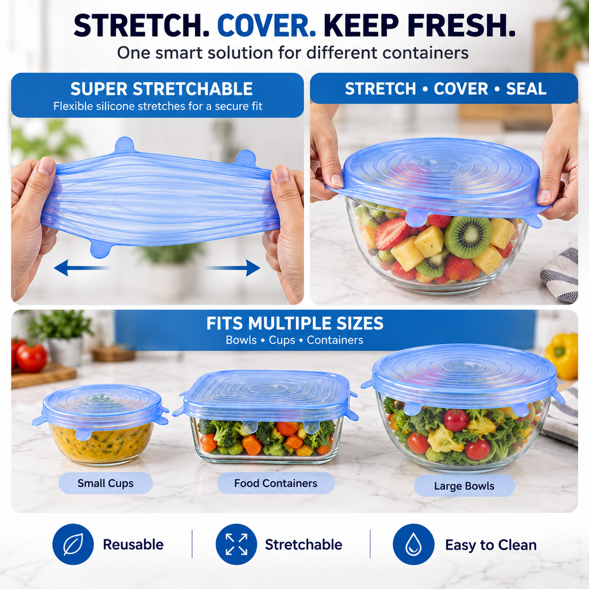 Microwave Safe Silicone Stretch Lids – Pack of 6