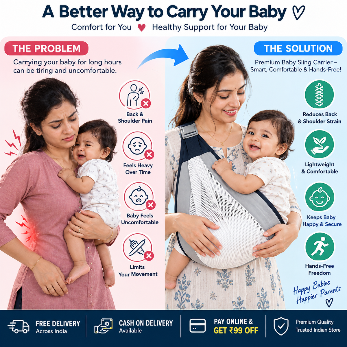 Premium Baby Sling Carrier | Adjustable Hip Seat Baby Carrier | Breathable Cotton Mesh