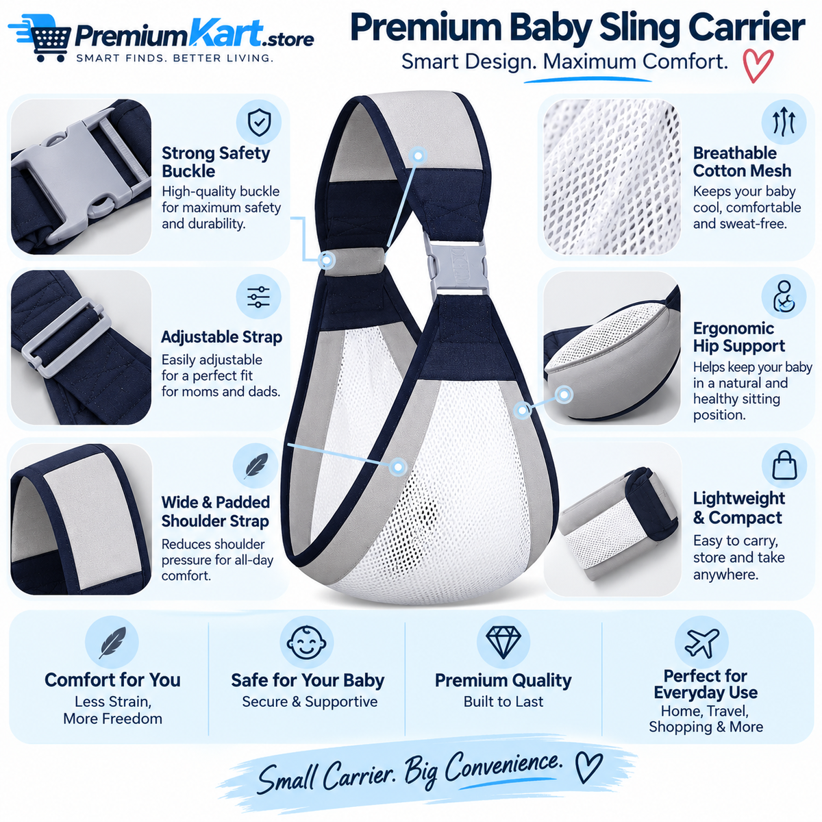 Premium Baby Sling Carrier | Adjustable Hip Seat Baby Carrier | Breathable Cotton Mesh